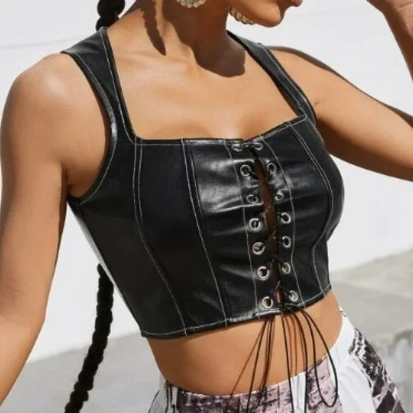 𝅺black Vegan Leather Cropped Tank Corset Lace Up Top Overstitching - Picture 4 of 6